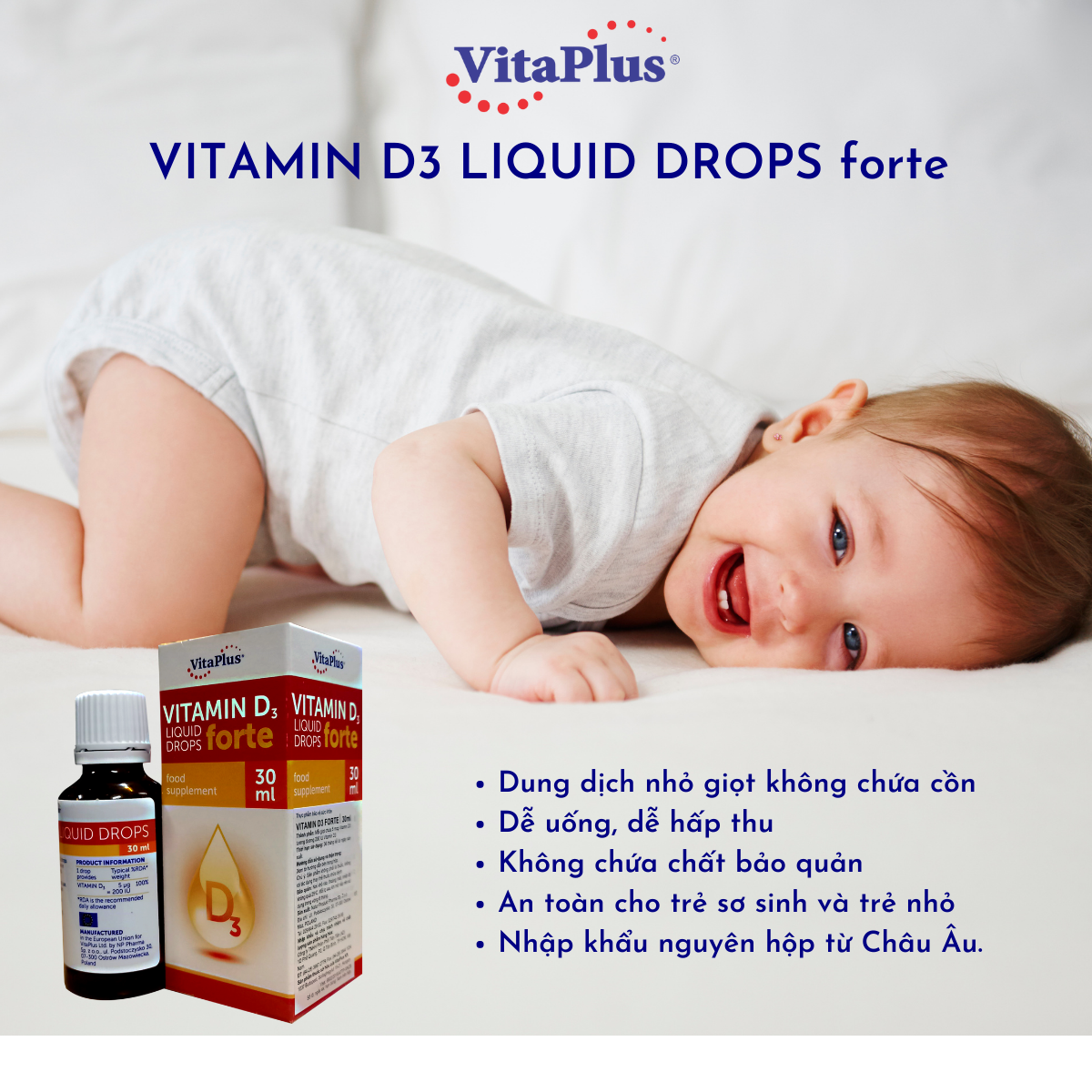 Thực phẩm bảo vệ sức khỏe: Vitaplus Vitamin D3 Forte liquid drops bổ sung vitamin D3 hỗ trợ tăng cường hấp thu canxi, giúp hỗ trợ phát triển hệ xương và răng