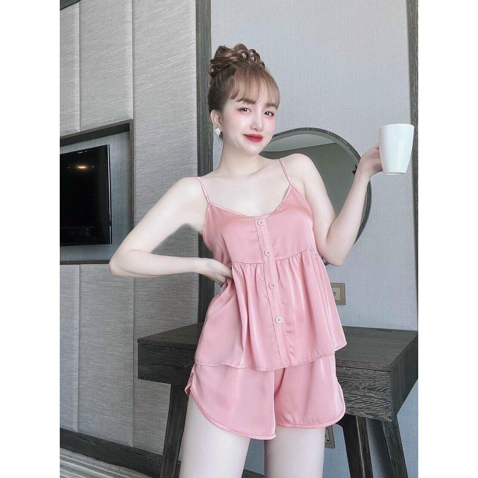 Đồ Bộ Hai Dây Nhún eo Có Nút, Đồ Mặc NHà Hai Dây Sexy Form Rộng Thoải Mái, Đồ Ngủ Nhún Ngực