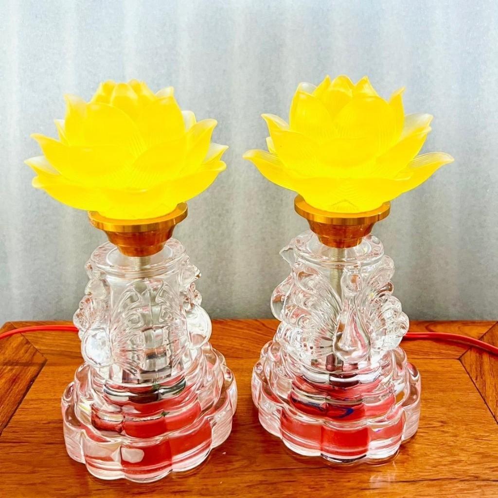 Đèn thờ hoa sen RỒNG VIỆT, Đèn thờ thân thuỷ tinh ánh sáng vàng cao cấp