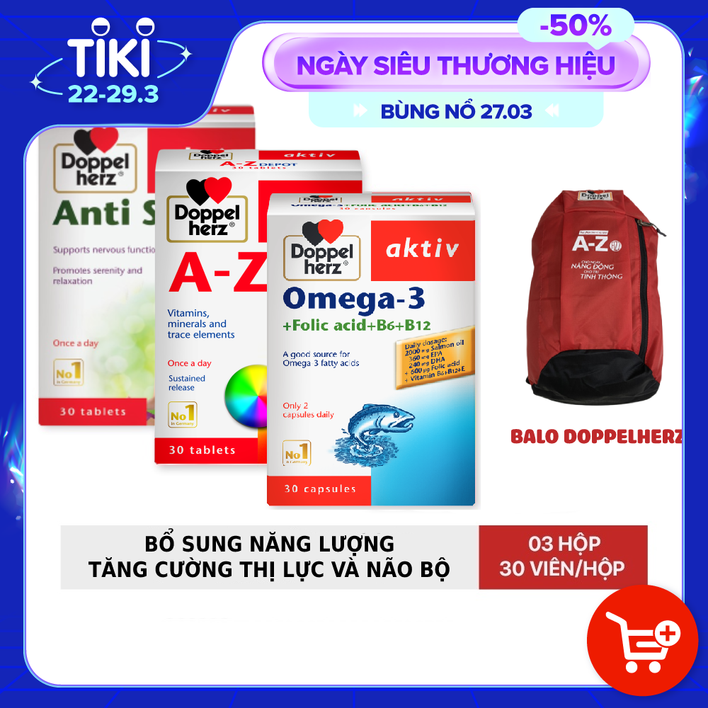 Combo bổ sung vitamin, khoáng chất, dầu cá, hỗ trợ tăng cường thị lực, giảm căng thẳng mệt mỏi Doppelherz A Z Depot + Omega 3 + Anti Stress (03 hộp,30 viên/hộp)