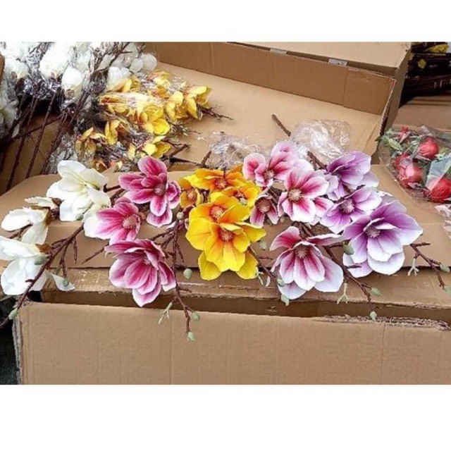 Hoa Giả Hoa Lụa - CÀNH HOA MỘC LAN SILICON CAO CẤP 1 CÀNH 2 BÔNG - Dài 87cm