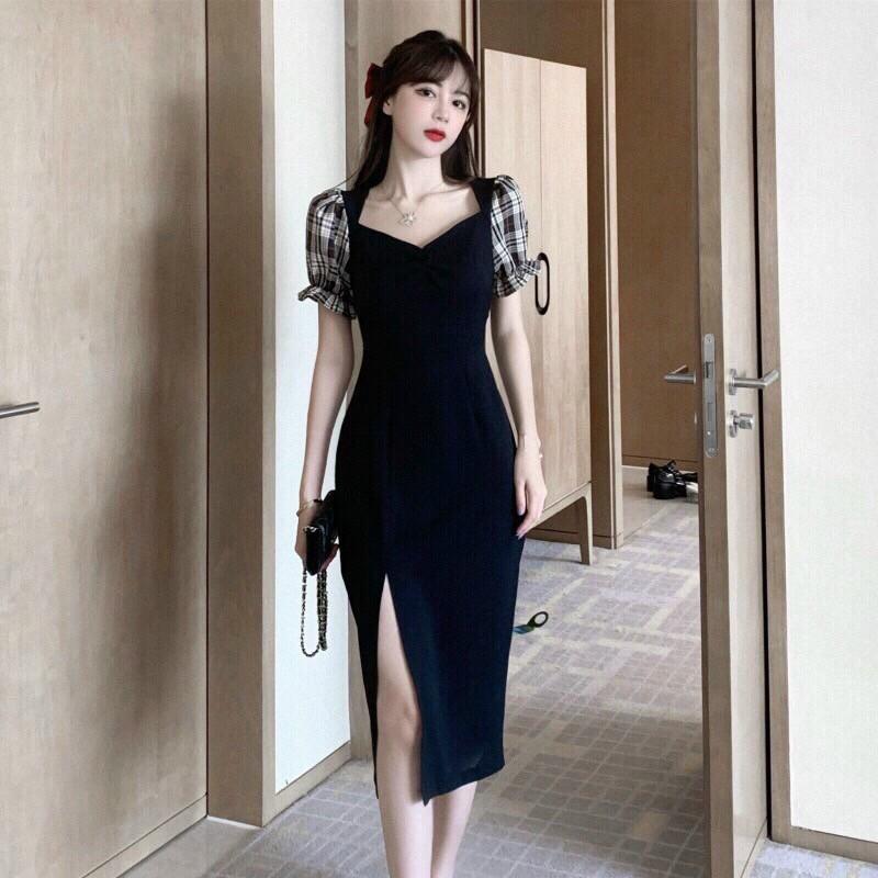 Váy đầm nữ dáng suông xẻ tà phối tay conđi chơi dự tiệc đám cưới, du lịch AM