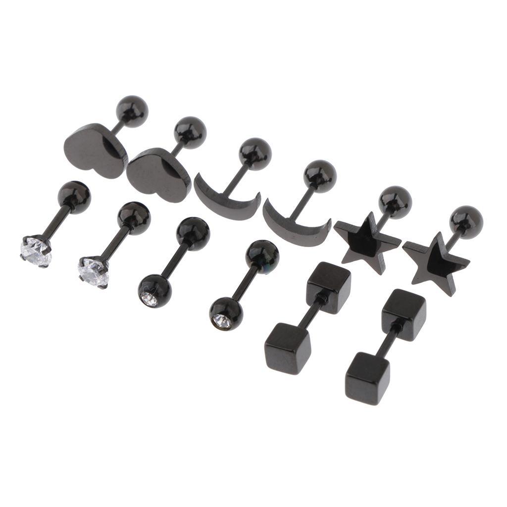 2X 6 Pairs Stainless Steel Ball Screw Back Earrings Star Heart Moon Stud Black