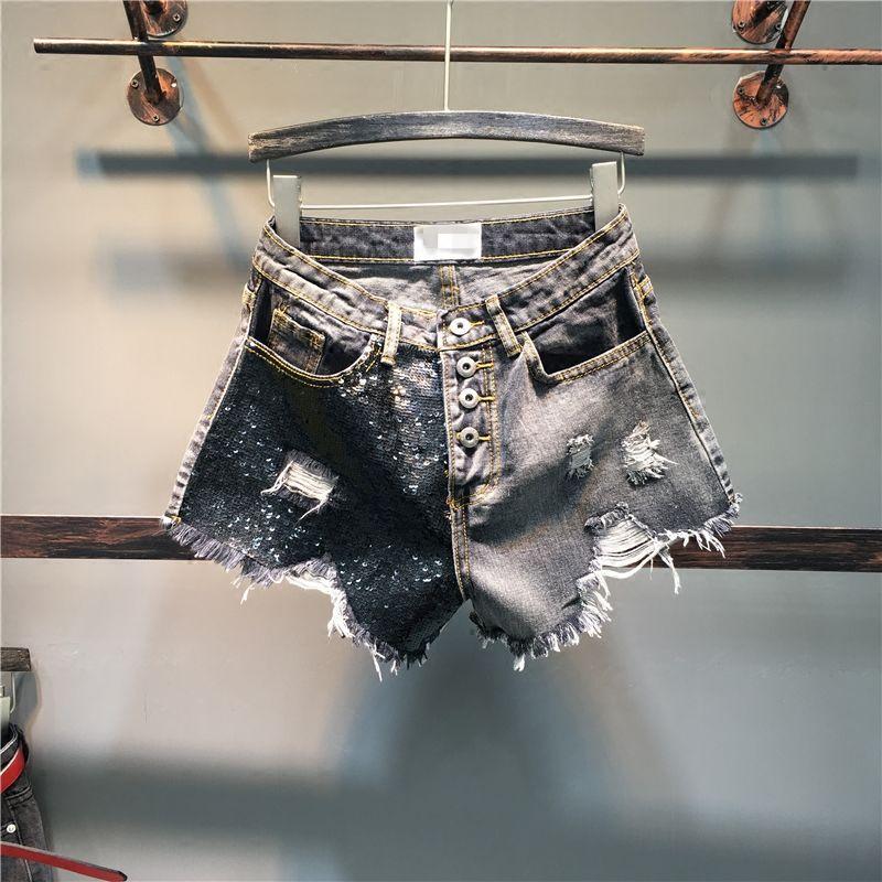Quần Short Denim Dáng Suông Lưng Cao Viền Đính Kim Sa Lấp Lánh Kiểu Mới Thời Trang Mùa Hè Cho Nữ Cỡ Lớn 2022