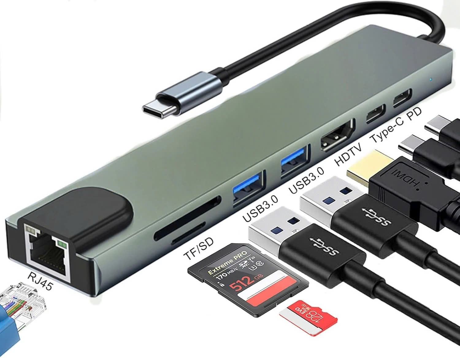 Bộ Chuyển Đổi Hub USB C Hub 8 Trong 1 Type C 3.1 Sang 4K RJ45 Đọc Thẻ SD / TF Cho MacBook Notebook Laptop Máy Tính - Hàng Nhập Khẩu