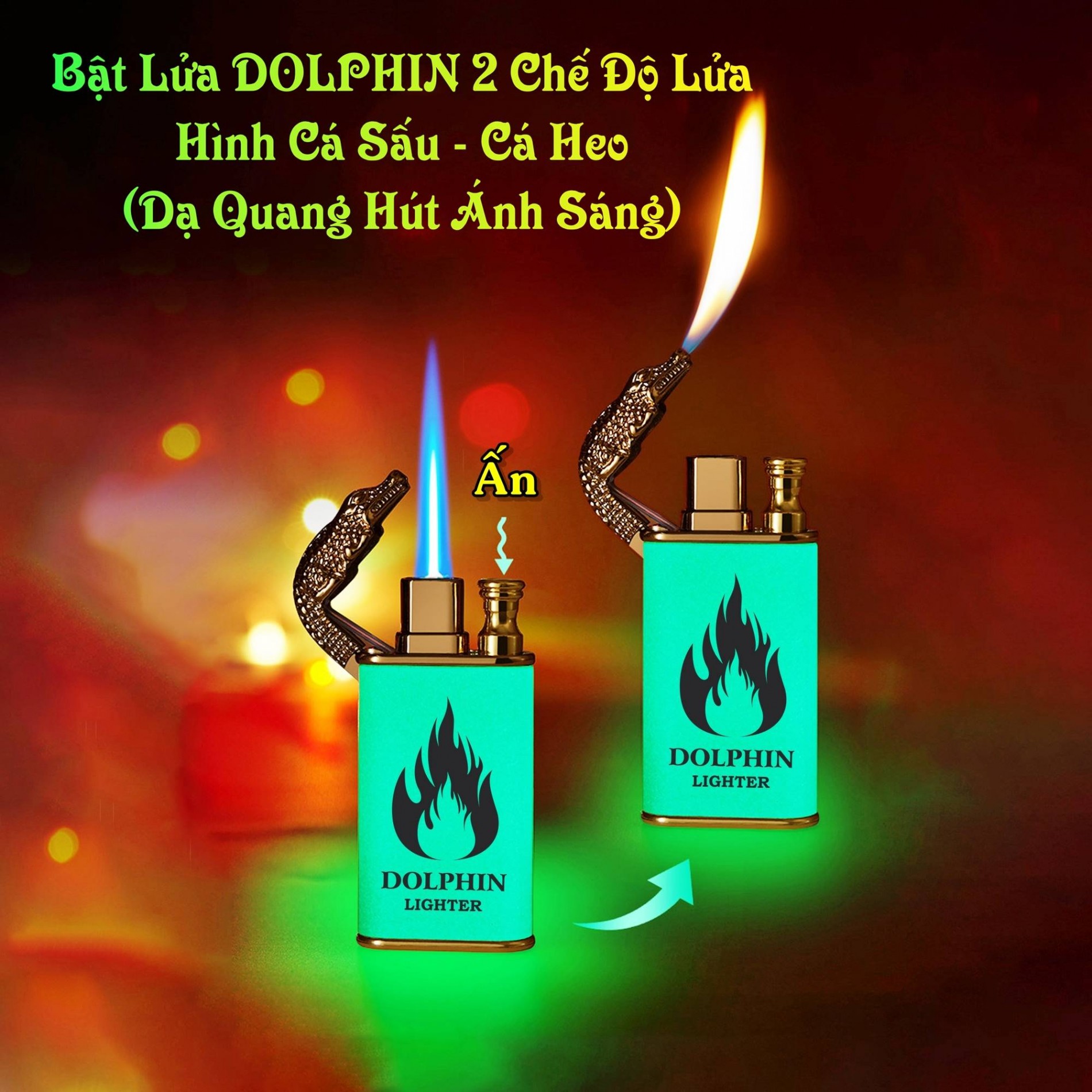 Hột quẹt bật lửa dolphin 2 chế độ lửa hình cá sấu - cá heo (dạ quang hút ánh sáng) - (xài gas)