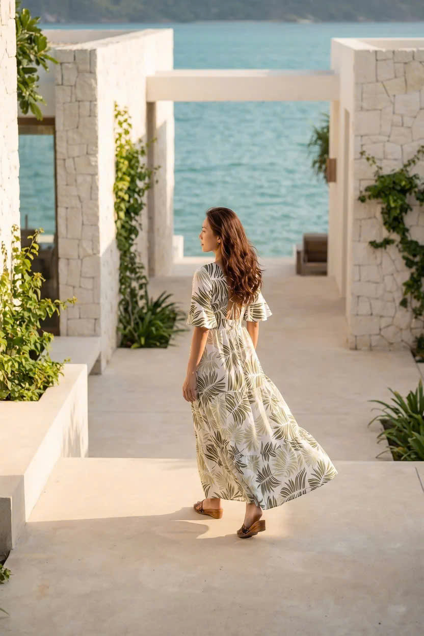 Đầm Maxi Linen Lá Cọ Du Lịch Nhiệt Đới, Đầm Maxi Linen Bích Diệp Dre204 Thời trang Hity