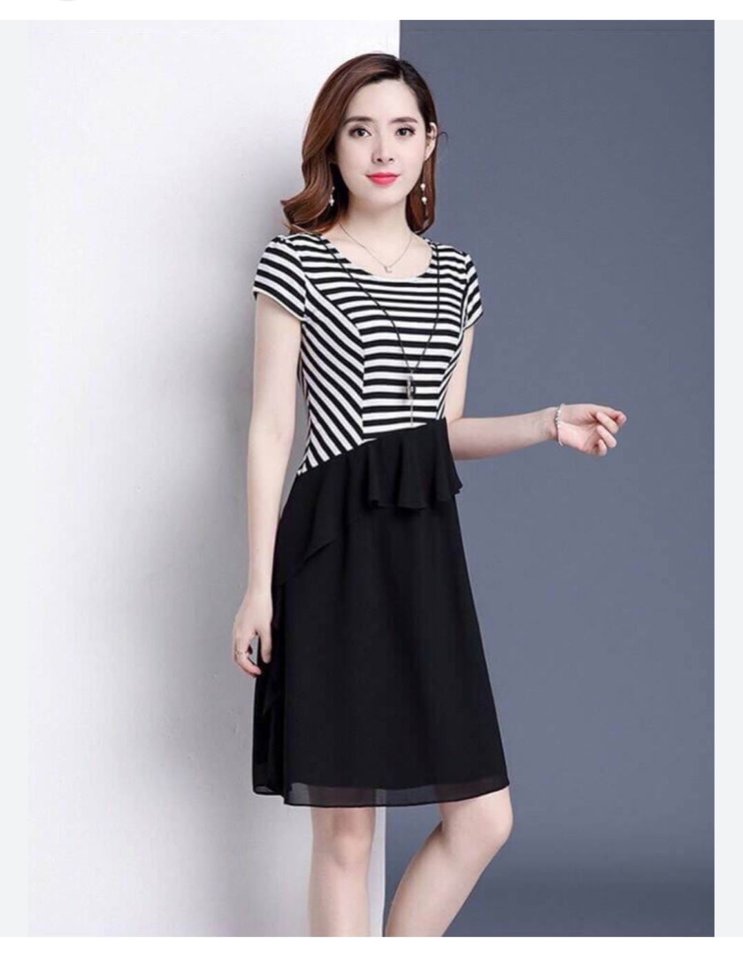 Đầm Kẻ Phối Voan Cực Xinh