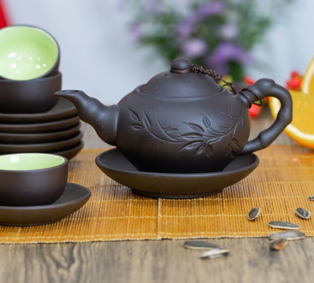 Bộ Ấm Trà Tử Sa Khắc Lá Trúc Cao Cấp – 1 Ấm 6 Chén 6 Đĩa, Phong Cách Trà Đạo, Quà Tặng Sang Trọng - HÀNG CHÍNH HÃNG MINIIN