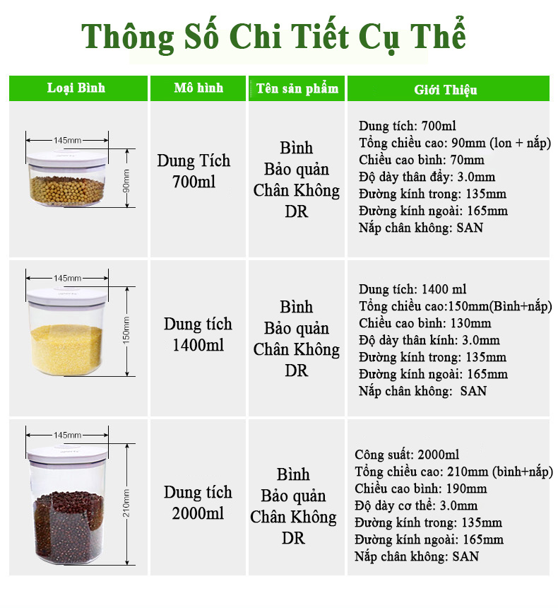 Bộ 3 bình chân không bảo quản thực phẩm, vật dụng, trang sức sử dụng với máy hút chân không