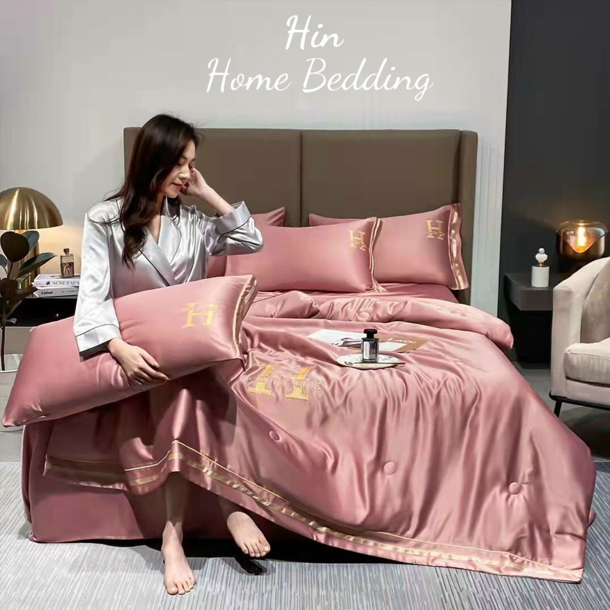 Bộ Chăn Ga Gối Đệm 5 Món Chăn Phao Lụa Thái Hin Home Bedding Drap Giường Lụa Mẫu Hồng