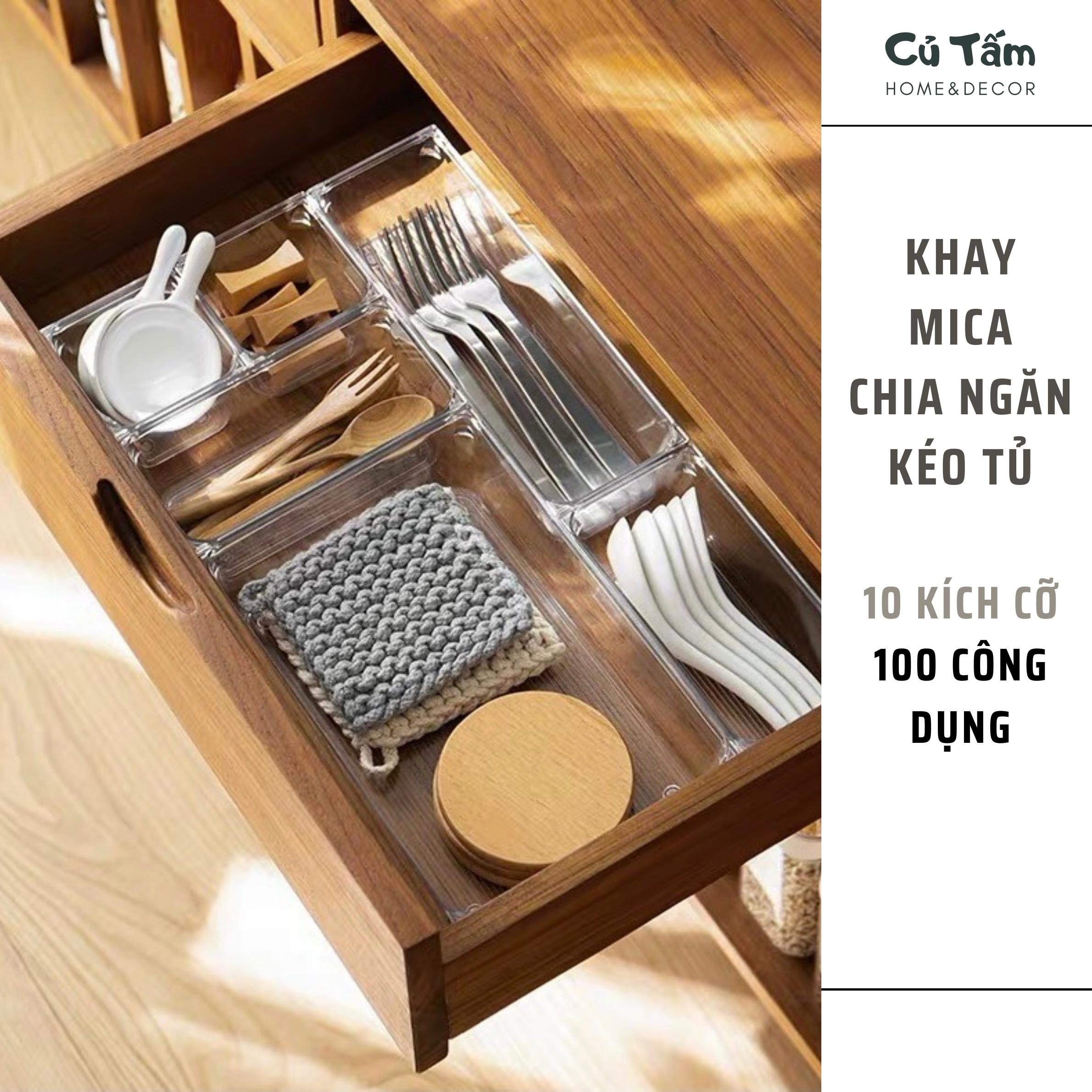 Bộ Khay Chia Ngăn Kéo Tủ Nhiều Size, Khay mica đựng đồ dùng chia ngăn trong suốt tiện dụng