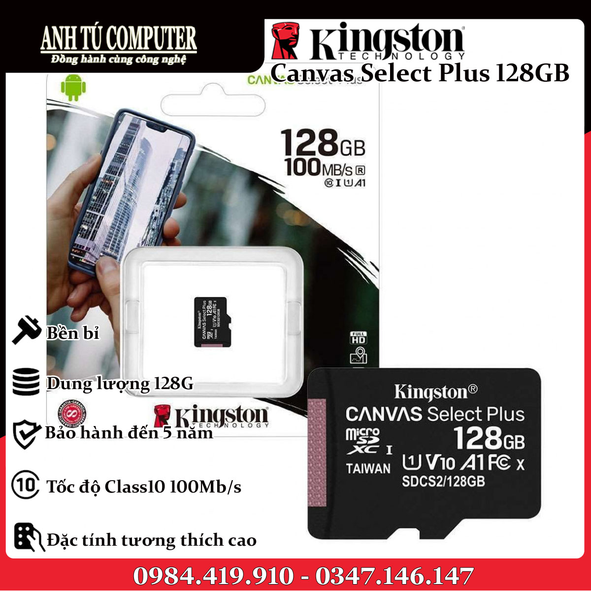 Thẻ Nhớ Kingston 128GB Micro SD Class 10 SDCS2/128GB hàng chính hãng