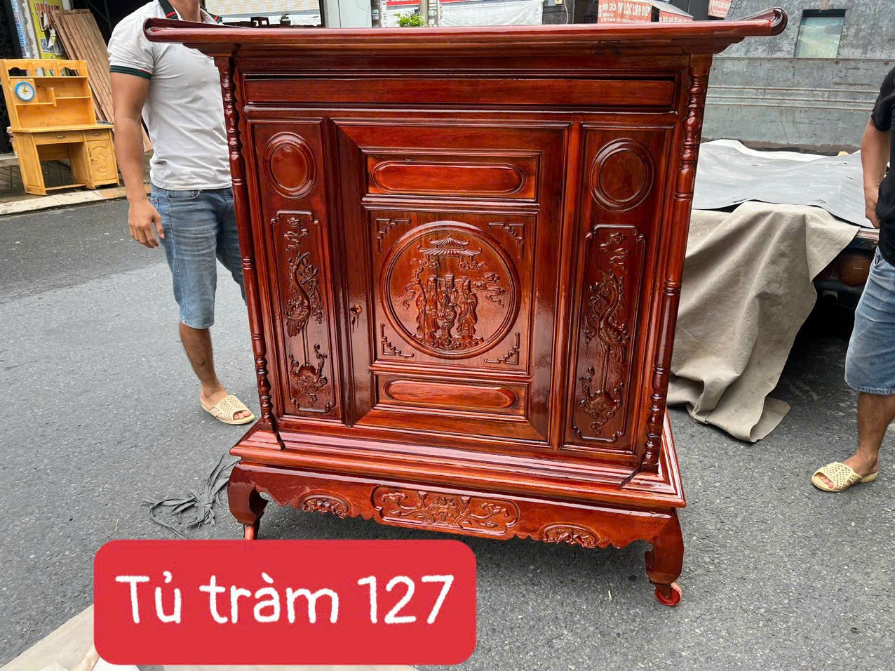 TỦ THỜ GỖ TRÀM BÔNG VÀNG CHẠM TAM ĐA NGANG 127 CM , BÀN THỜ GỖ , BÀN THỜ PHẬT