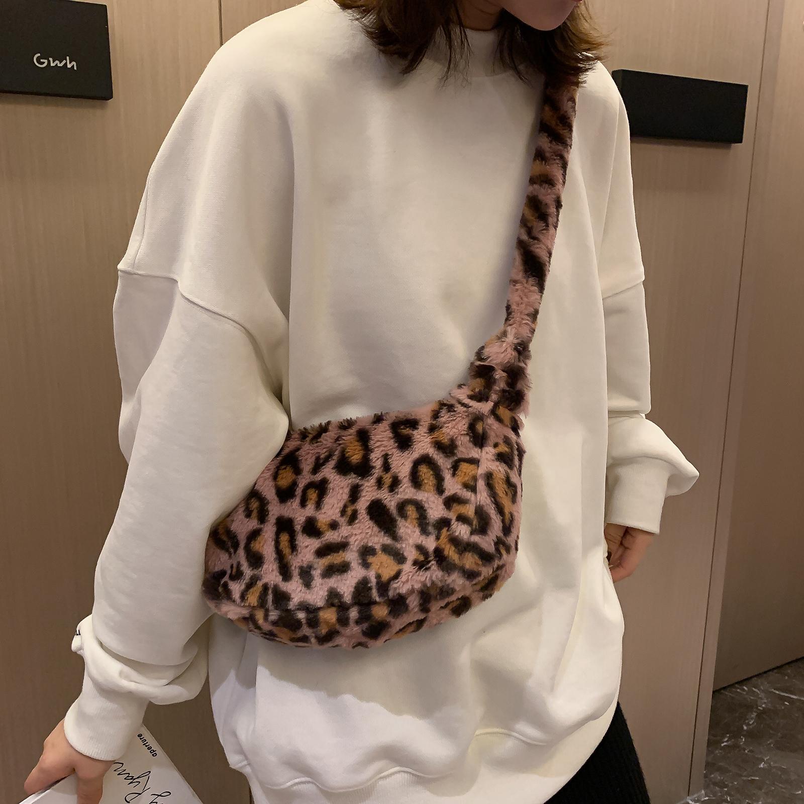 Women Faux Fur Tote Shoulder Bag Handbag Furry Leopard Print Top Handle Crossbody Shoulder Bag