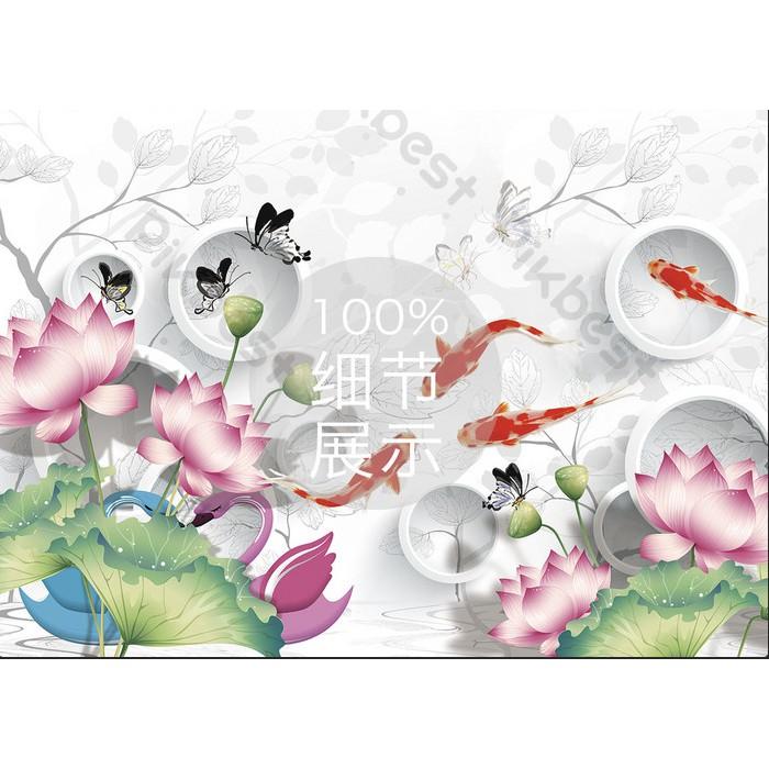 Tranh dán tường Hoa sen bướm và cá chép sang trọng, tranh dán tường 3d hiện đại MS1022687