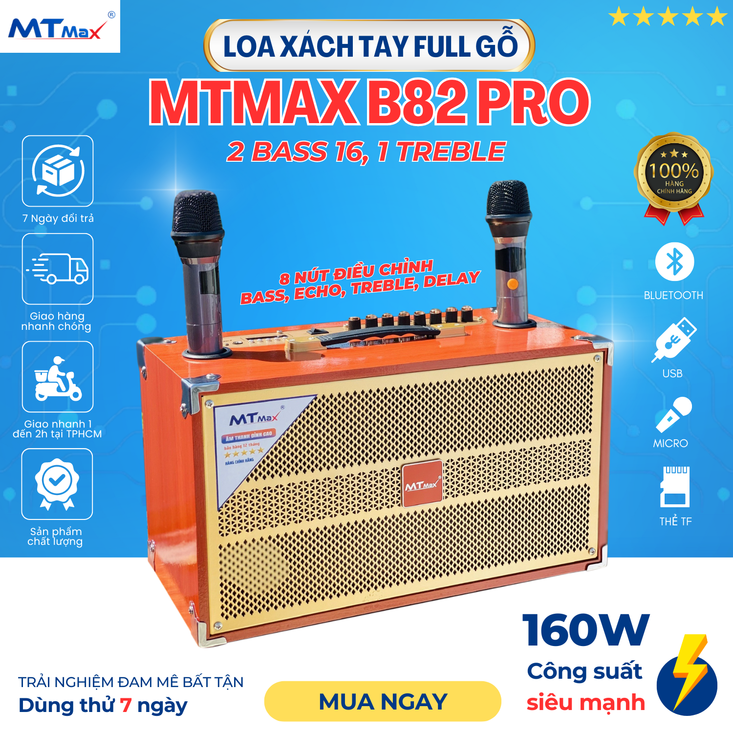Siêu Phẩm Loa Xách Tay MTMAX B82Pro, Hệ Thống 2 Bass Đôi 16, Thiết Kế 8 Nút Điều Chỉnh Chuyên Nghiệp, Kèm 2 Micro Không Dây Cao Cấp Hát Vang, Chống Rè, Hú, Bảo Hành 12 Tháng, Hàng Chính Hãng