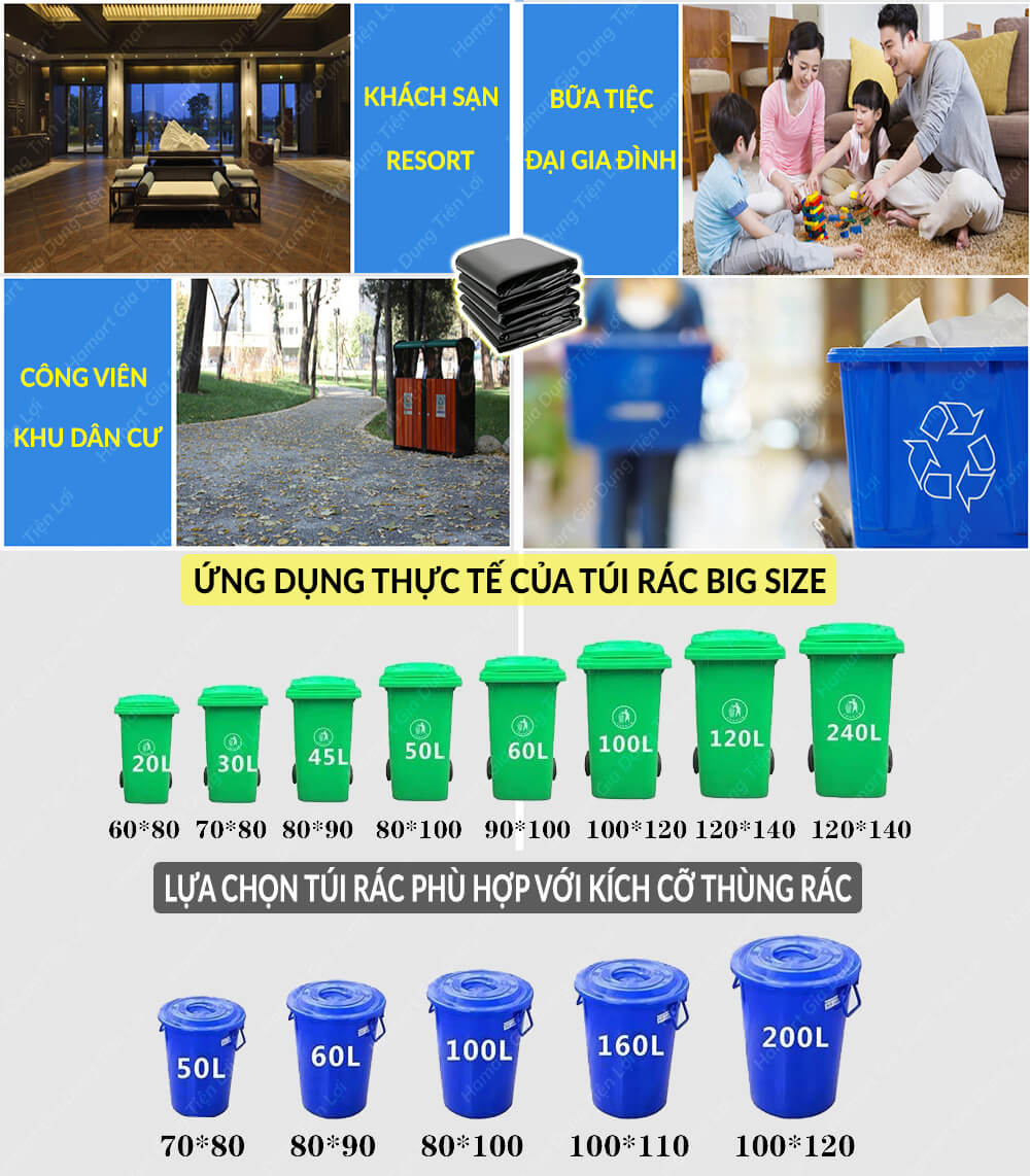 COMBO 5 Túi Đựng Rác Size Đại Ko Quai HDPE Lớn Siêu Chắc Bao Đựng Rác Nylon To Màu Đen Tiện Lợi