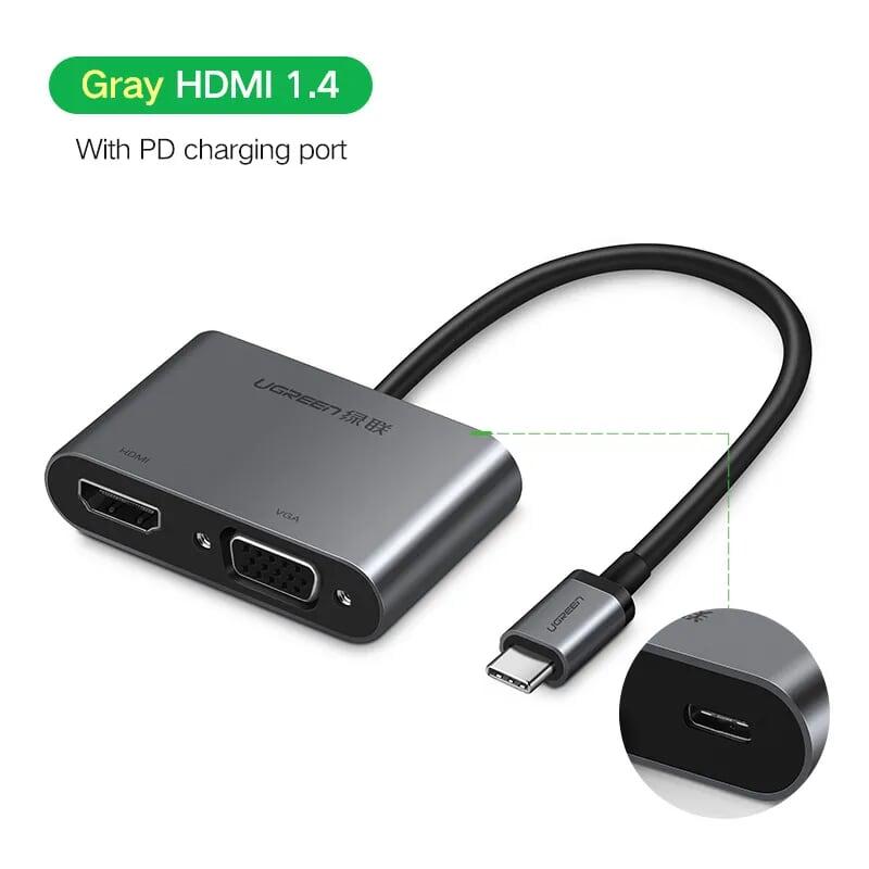 Ugreen UG50738CM162TK 15CM màu Xám Bộ chuyển đổi TYPE C sang HDMI + VGA + hỗ trợ nguồn TYPE C - HÀNG CHÍNH HÃNG