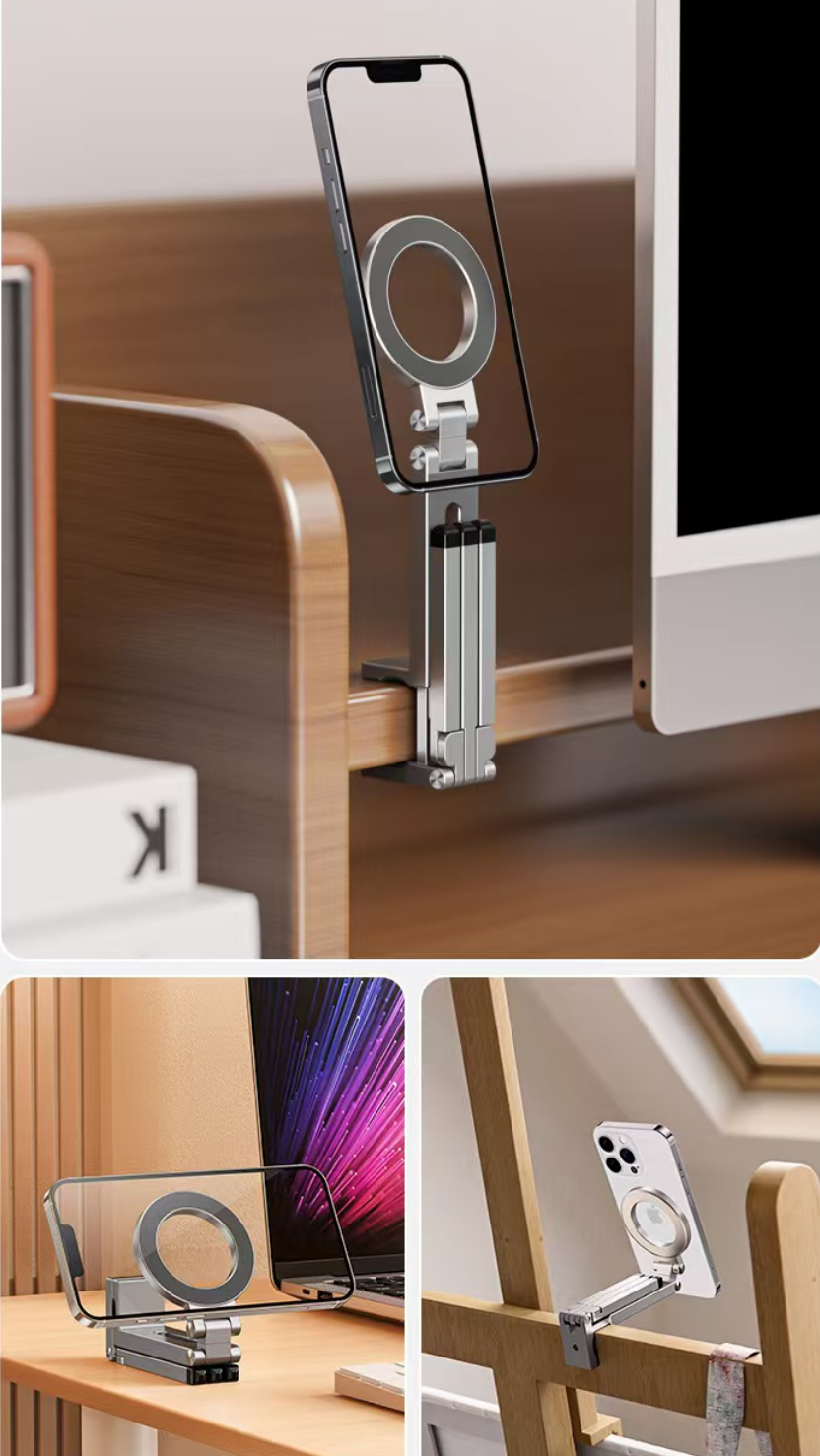 Giá đỡ kệ đỡ điện thoại từ tính gập xoay 360 độ để bàn, kẹp thành bàn, ô tô, máy bay livestream, selfile tự sướng- Hàng chính hãng