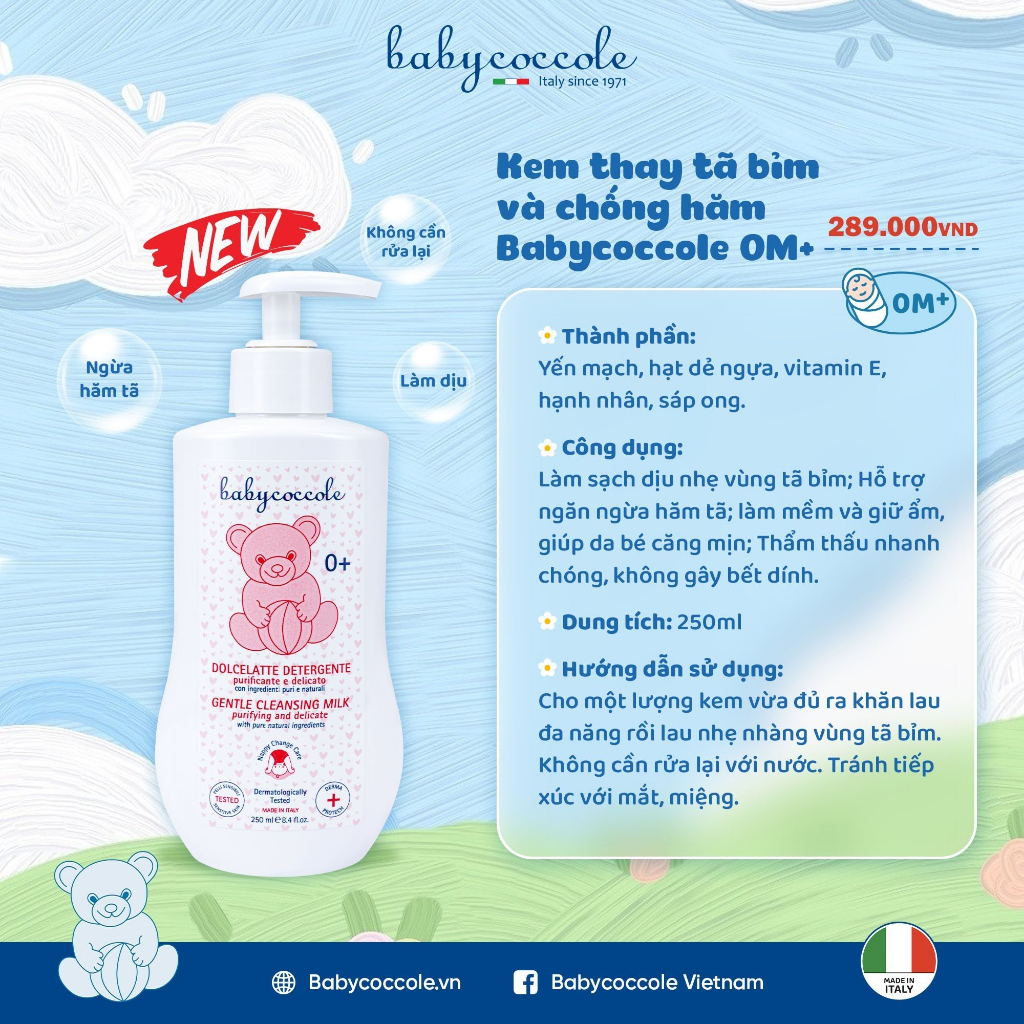 Kem thay tã bỉm cho bé Babycoccole 0M+ làm sạch, ngừa hăm & giảm rôm sảy 250ml