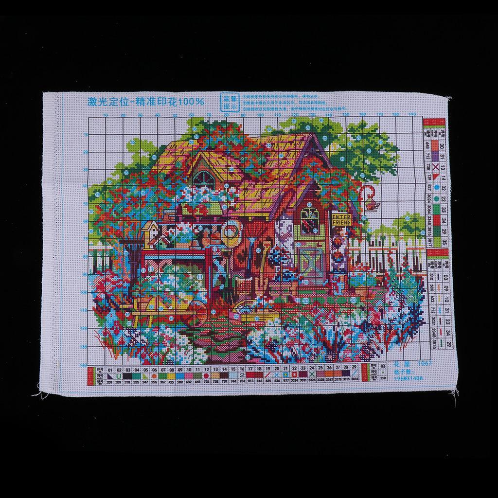 1 Set DIY Stamped Cross Stitch Kits with Cottage Pattern Crafts