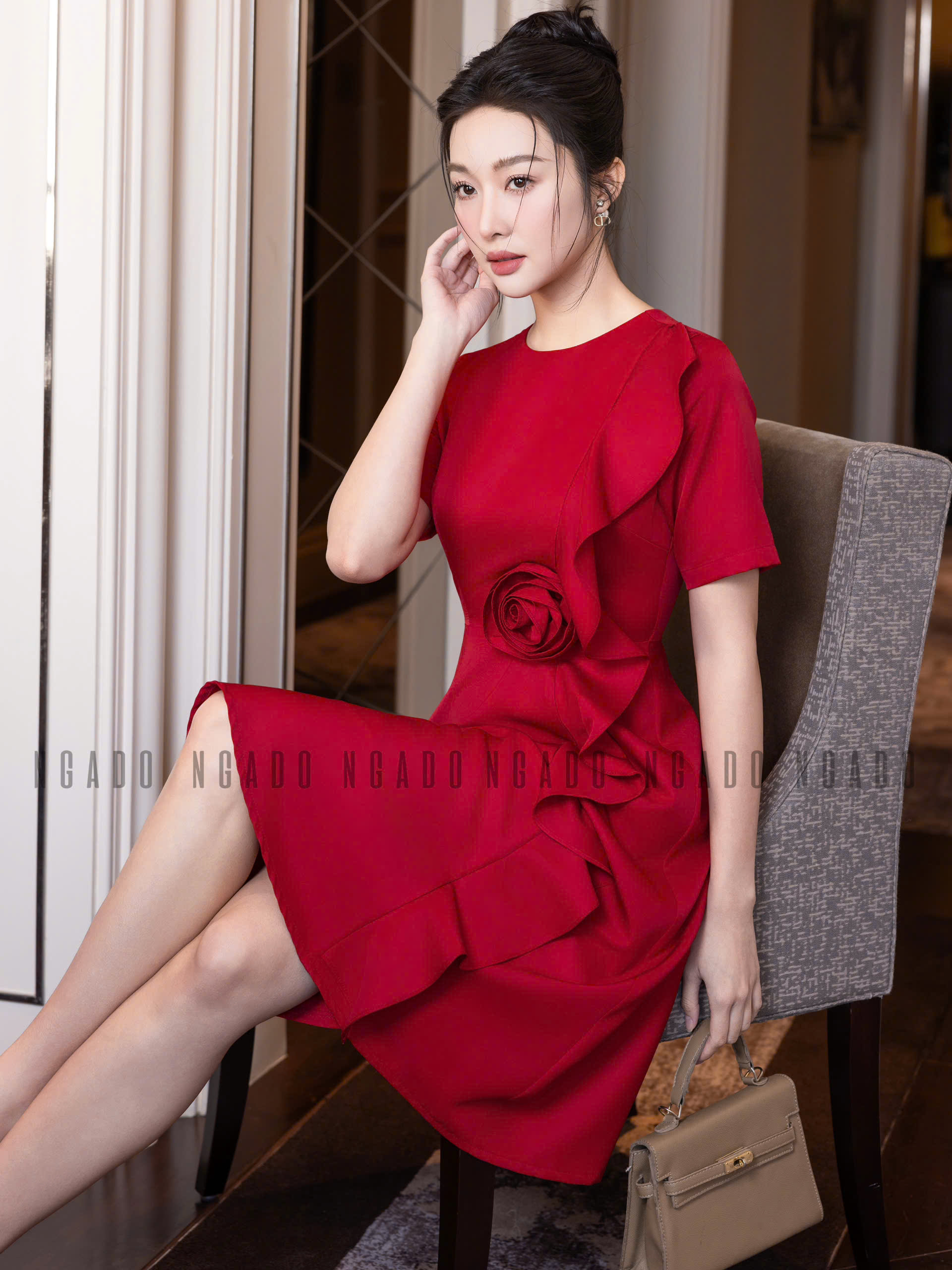 Đầm đỏ phối bèo NGADO , đầm kiểu Nữ , đầm công sở , dự tiệc