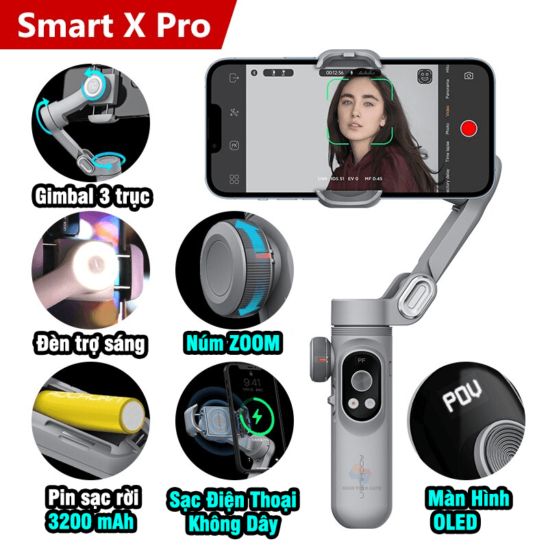 Tay cầm gimbal chống rung điện thoại Smart X | Smart X Pro có đèn trợ sáng, có APP, dõi theo vật thể, sạc không dây tiện lợi, hàng chính hãng