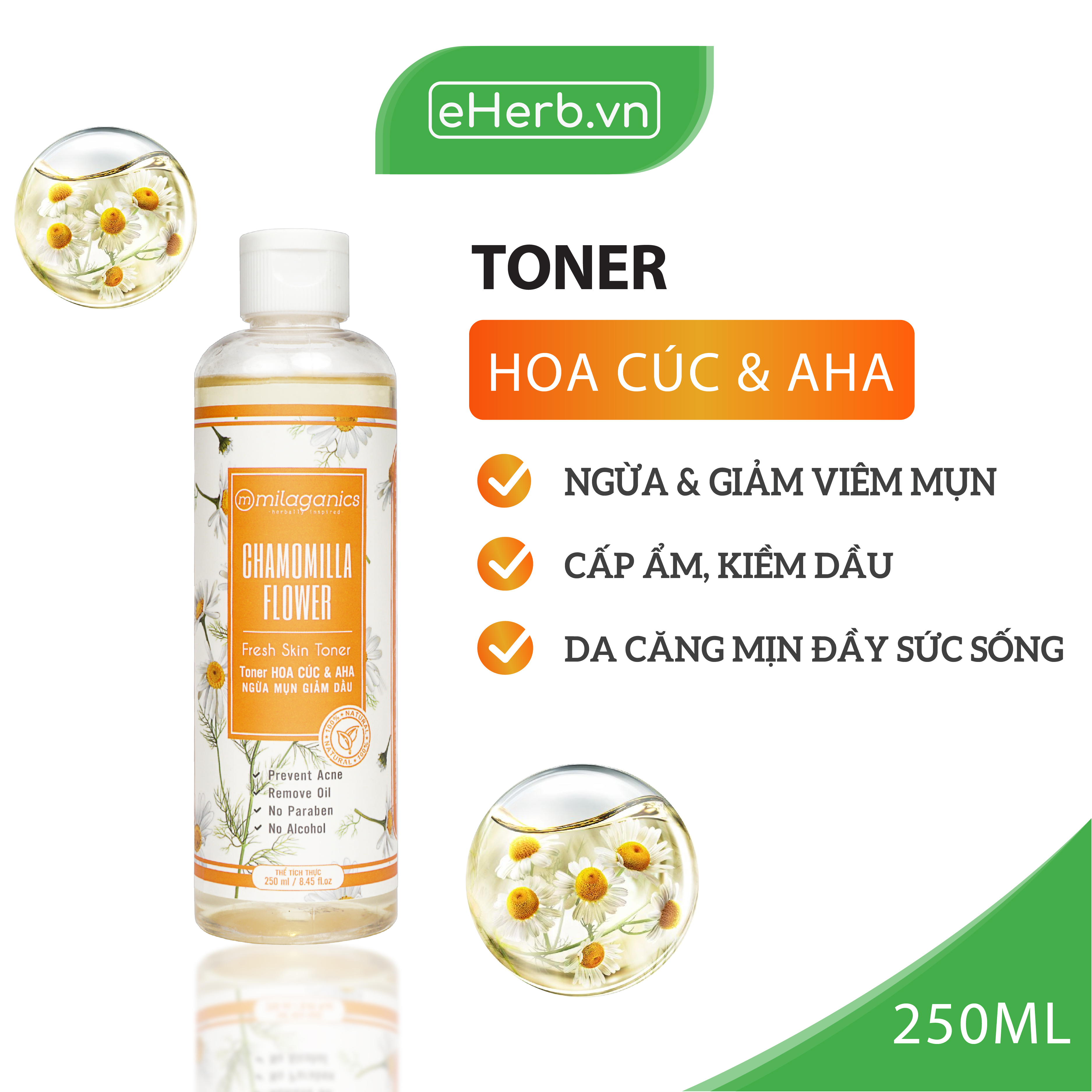 Nước Hoa Hồng Toner Hoa Cúc &amp; AHA Ngừa Mụn, Giảm Dầu Dành Cho Da Mụn Nhạy Cảm MILAGANICS