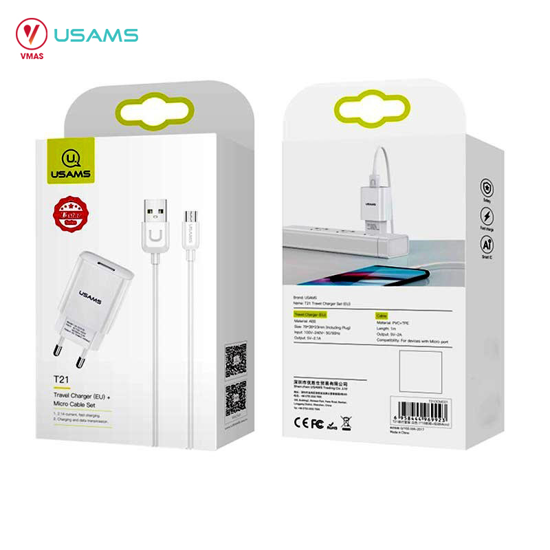 Bộ combo củ-cáp USAMS T21 2.1A kèm Cáp Micro, hàng chính hãng