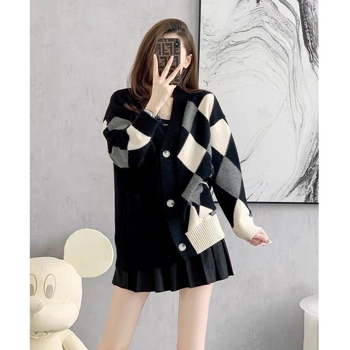 Áo khoác len cardigan nữ form rộng dáng dài dày dặn bigsize phối kẻ caro len thừng phong cách Ulzzang Hàn Quốc trẻ trung