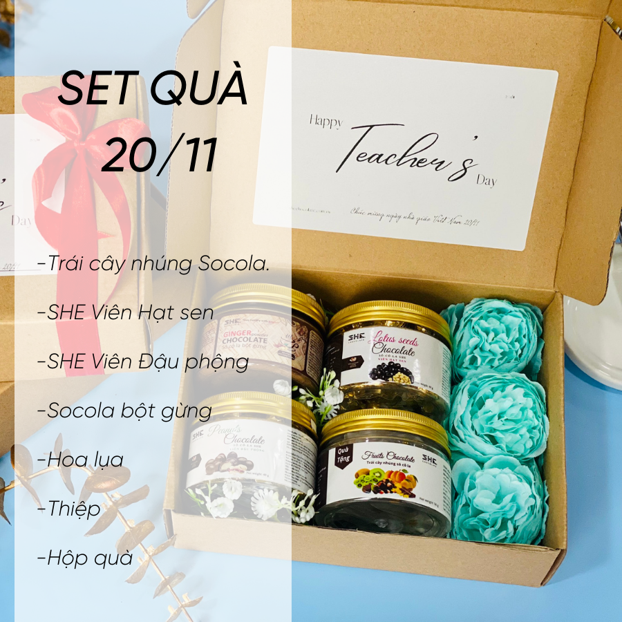 [Set 7 món 20.11] Quà tặng ý nghĩa 20.11 - SHE Chocolate. Socola, hoa lụa Xanh Ngọc, thiệp Thank you. Quà tặng đặc biệt