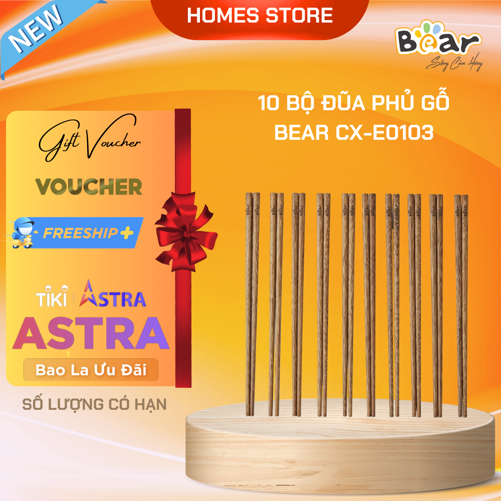 Bộ Đũa Ăn 10 Đôi Gỗ Muồng Tự Nhiên Không Hóa Chất Cao Cấp BEAR CX-E0103 Chống Mốc - Hàng Chính Hãng