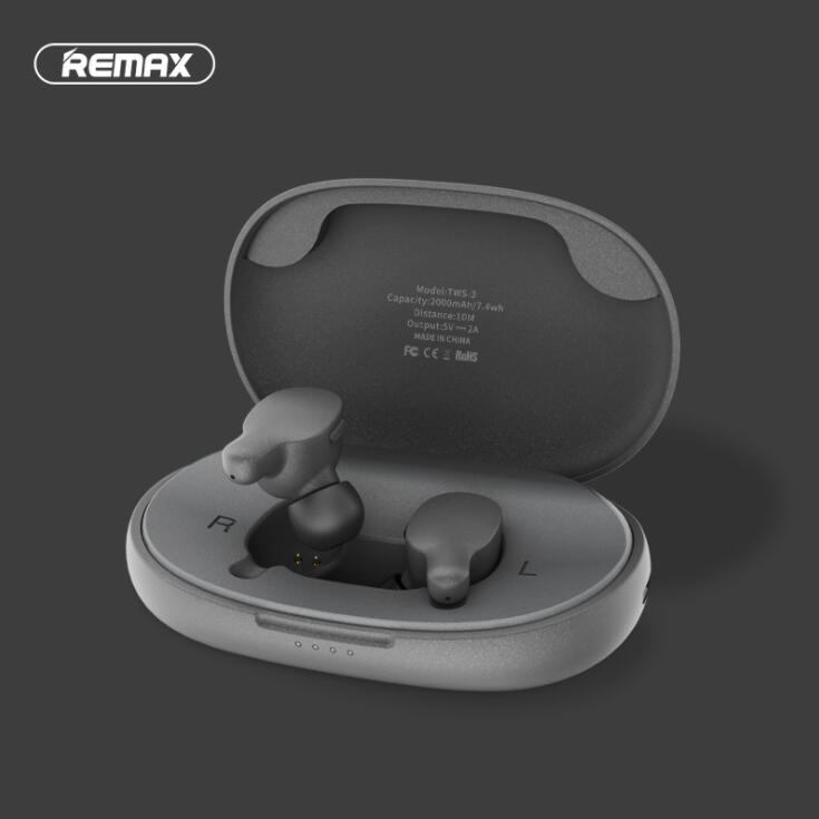 Tai nghe Bluetooth thể thao Remax TWS-3 Earbuds (Xám) (bluetooth 5.0, chống ồn, âm thanh Hifi, sạc được cho điện thoại) - Hàng chính hãng