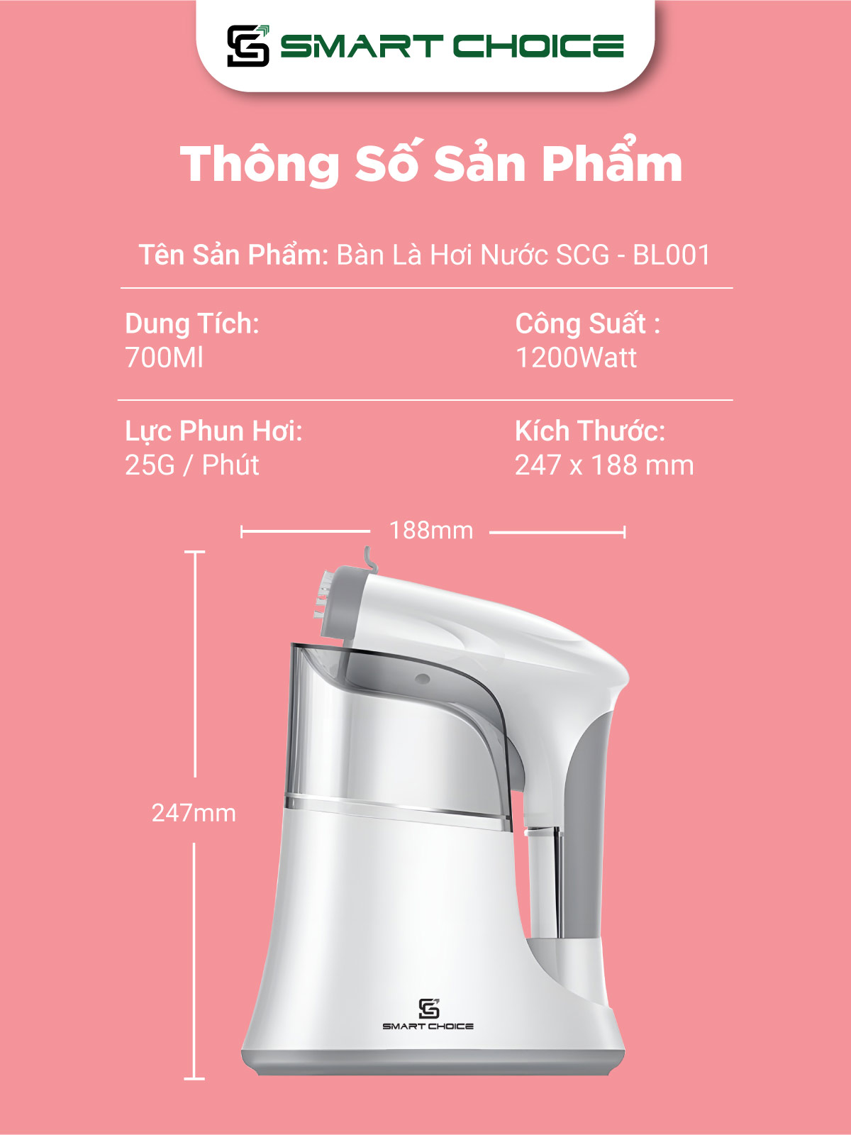 Bàn Là Hơi Nước SmartChoice SCG-BL001 Hàng chính hãng 1200w 700ml, Bàn Ủi Hơi Nước Cầm Tay Cao Cấp Là Mọi Loại Vải