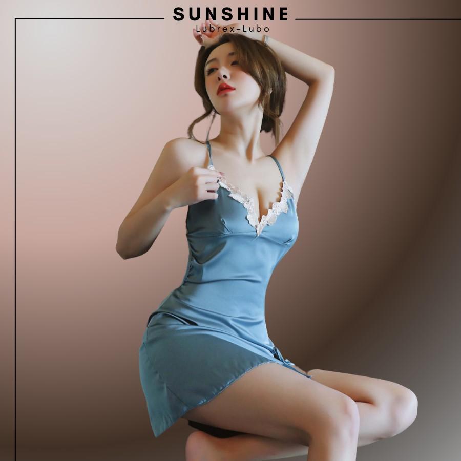 Đầm ngủ lụa cao cấp phối ren sexy Váy ngủ lụa 2 dây sexy màu xanh dành cho nữ SUNSHINE LUBREX-LUBO vl1045