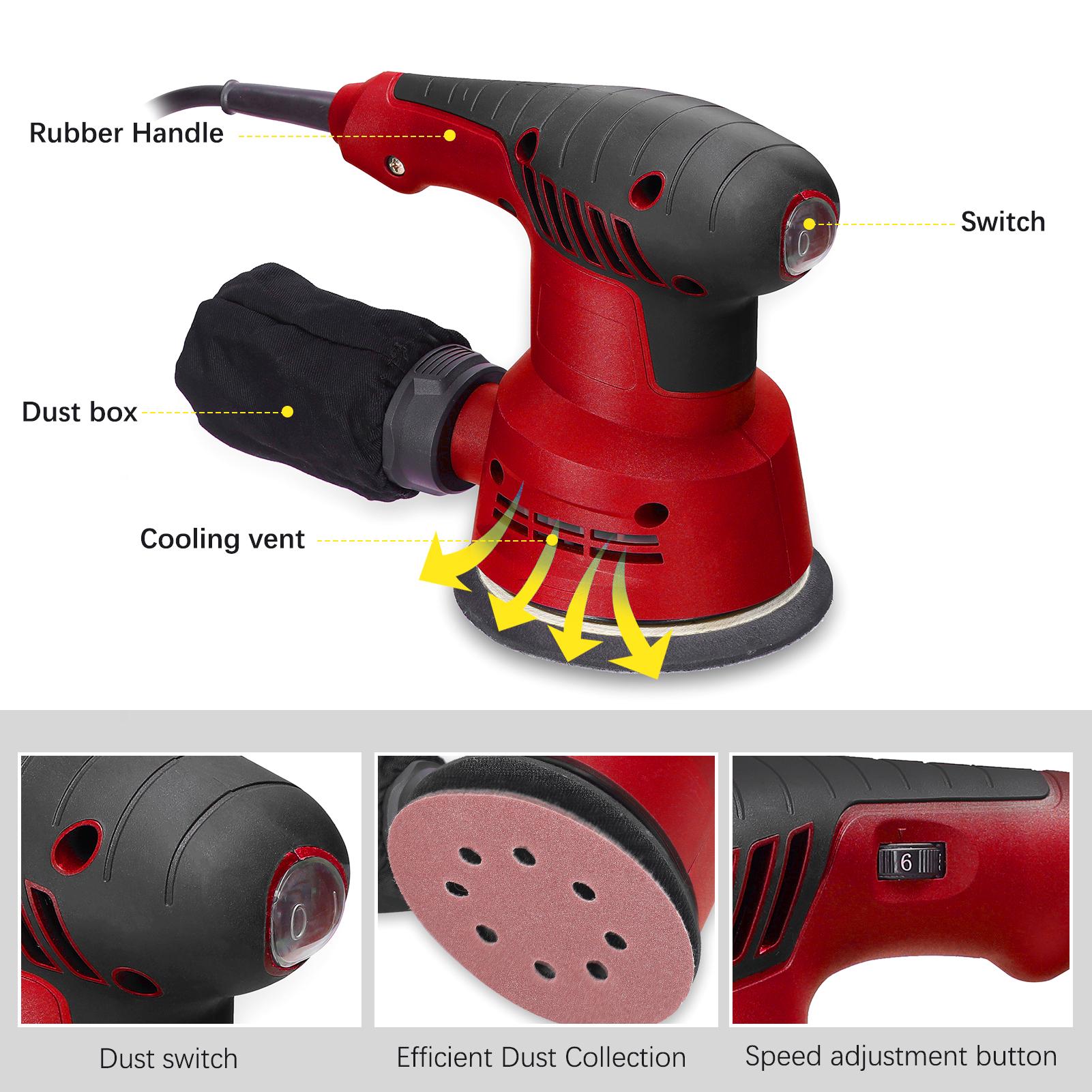 300W Máy Chà Nhám Lập Dị Điện Cầm Tay Tấm Chà Nhám 5 Inch 125Mm Máy Đánh Bóng Điện Chế Biến Gỗ Nội Thất Máy Đánh Bóng Ô Tô Có Hộp Đựng Bụi 6 Tốc Độ Điều Chỉnh