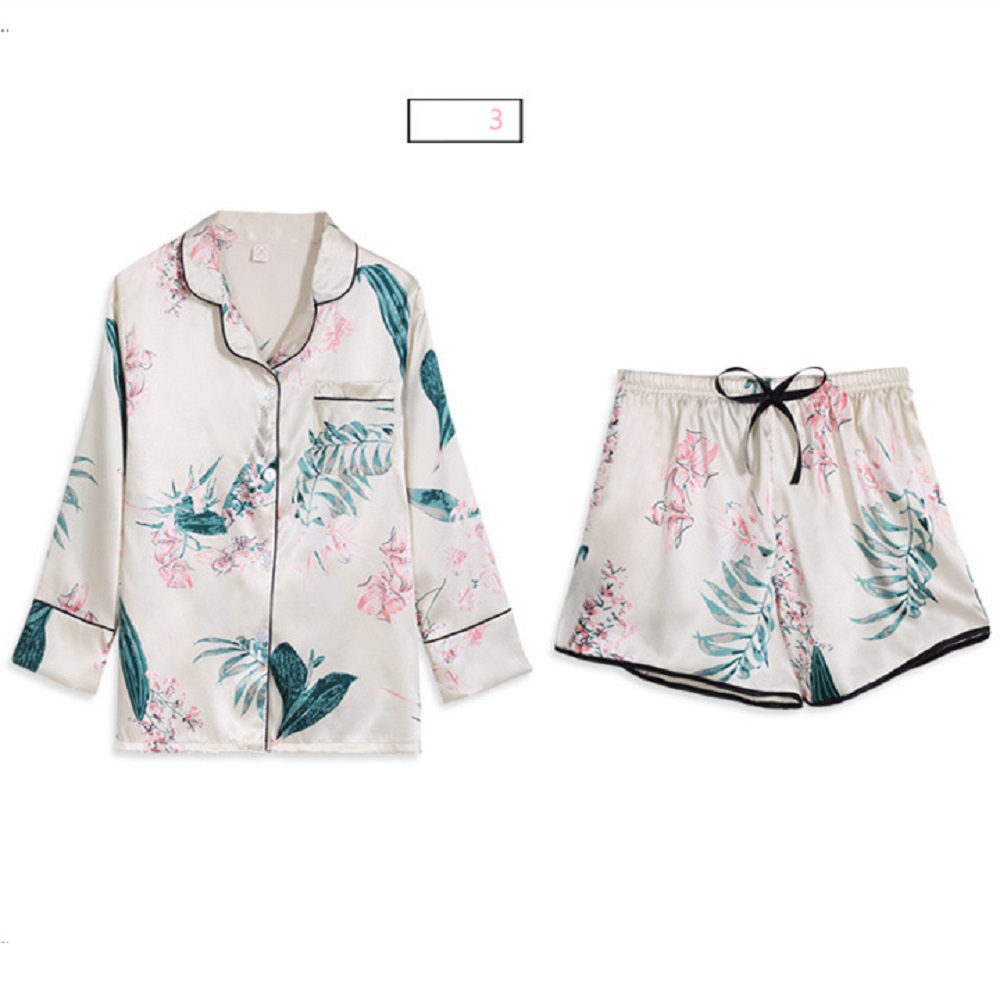 Bộ đồ ngủ, đồ mặc nhà Pyjamas vải lụa set 7 món nhiều cách phối với họa tiết lá cây phong cách Hàn Quốc - Chiara