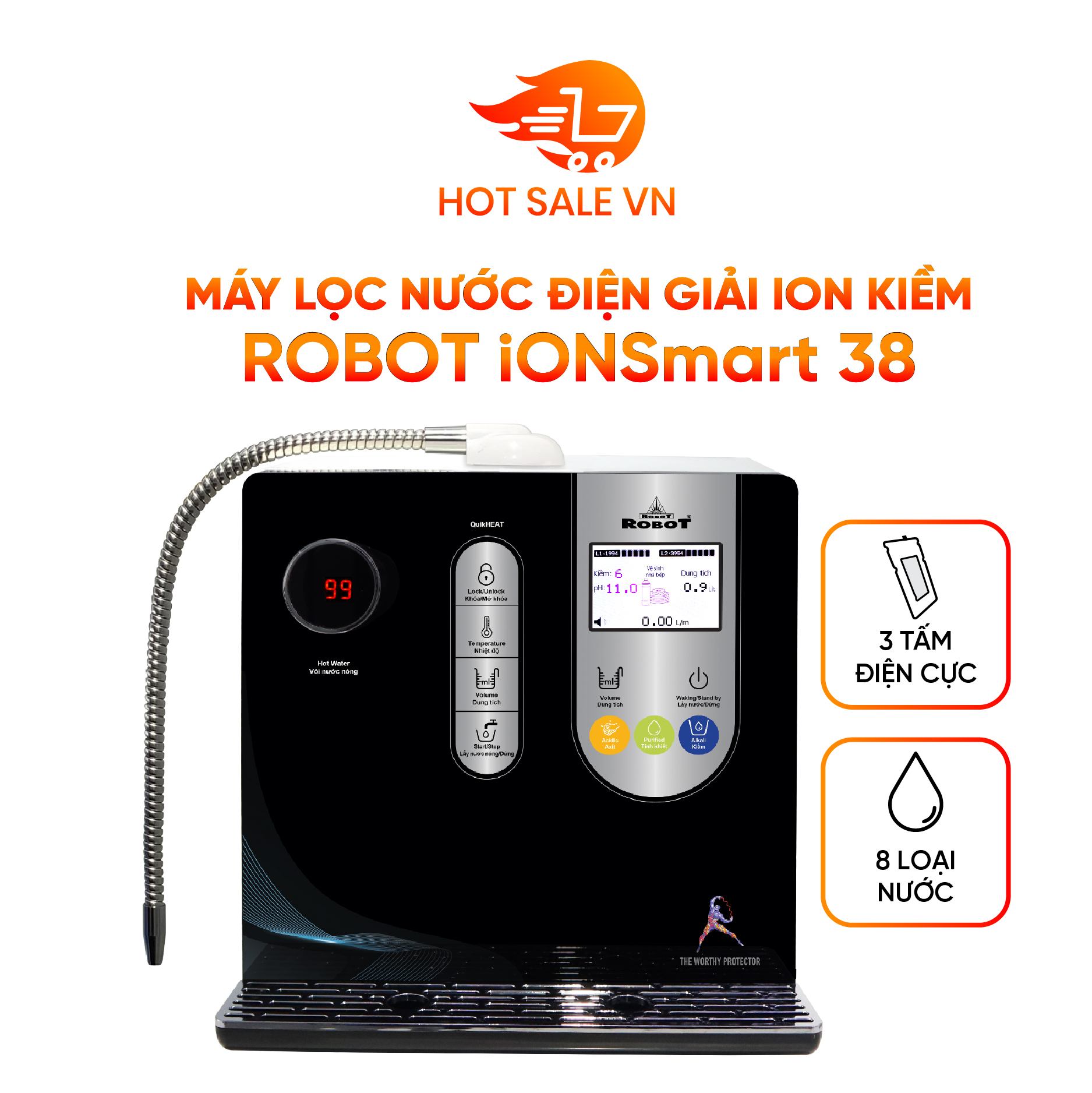 Máy Lọc Nước Điện Giải Ion Kiềm Robot IonSmart Chức Năng Nóng Thông Minh Quikheat Để Bàn Treo Tường - Hàng Chính Hãng