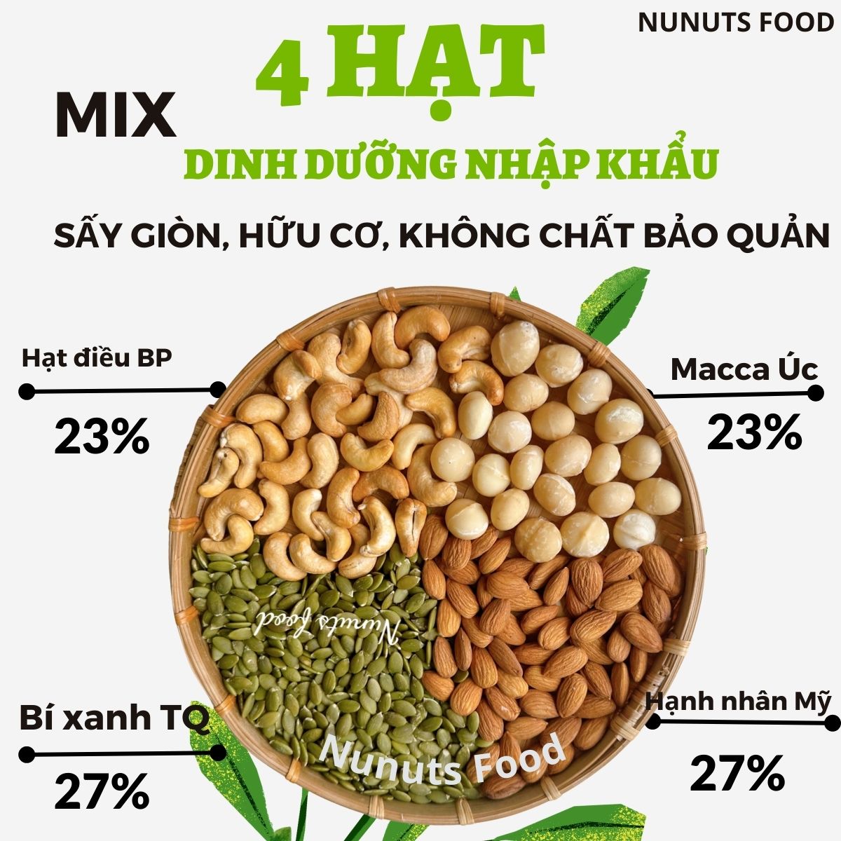 Mix hạt dinh dưỡng SIÊU MACCA Nunuts gồm 4 loại ( macca Úc, hạnh nhân Mỹ, hạt điều BP, hạt bí) làm sữa, hạt sấy giòn, hạt tẩm mật ong