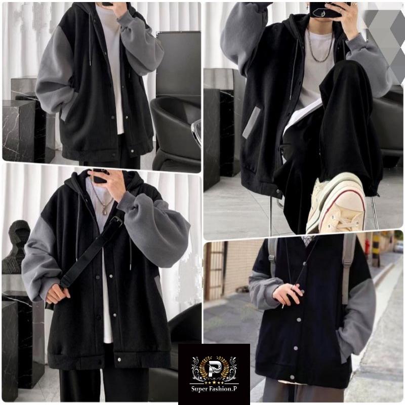 Áo Khoác Hoodie Nút Bấm Phối Tay Hai Màu Sành Điệu Thời Trang
