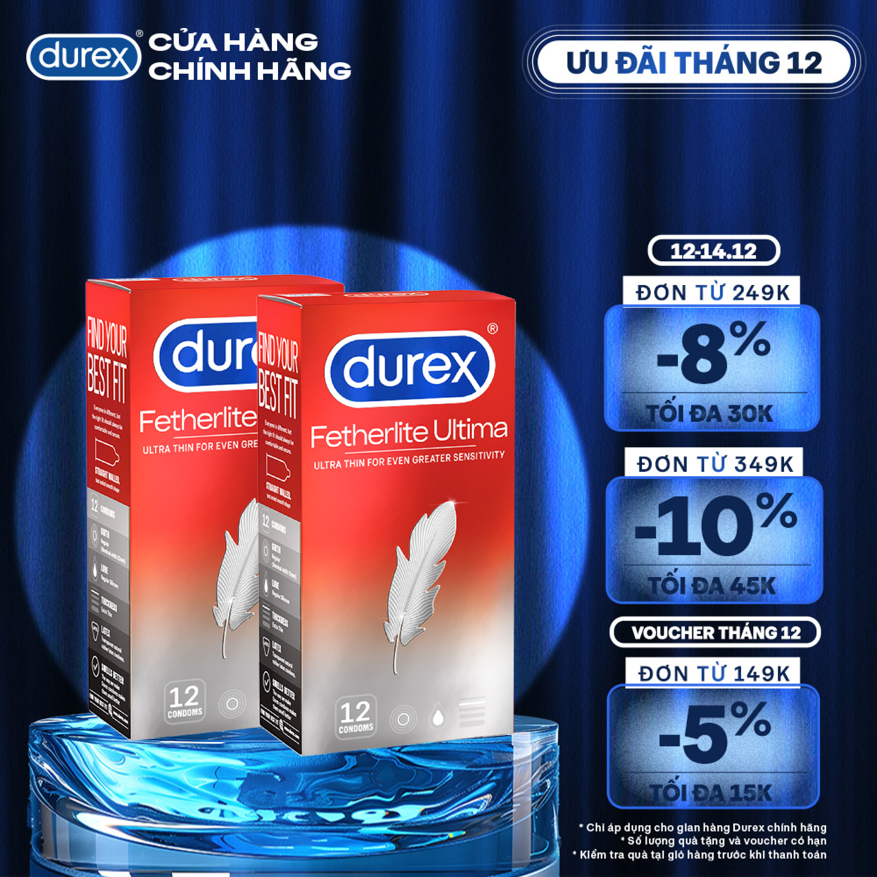 Bộ 2 bao cao su Durex Fetherlite Ultima siêu mỏng, size 52mm, 12 bao/hộp