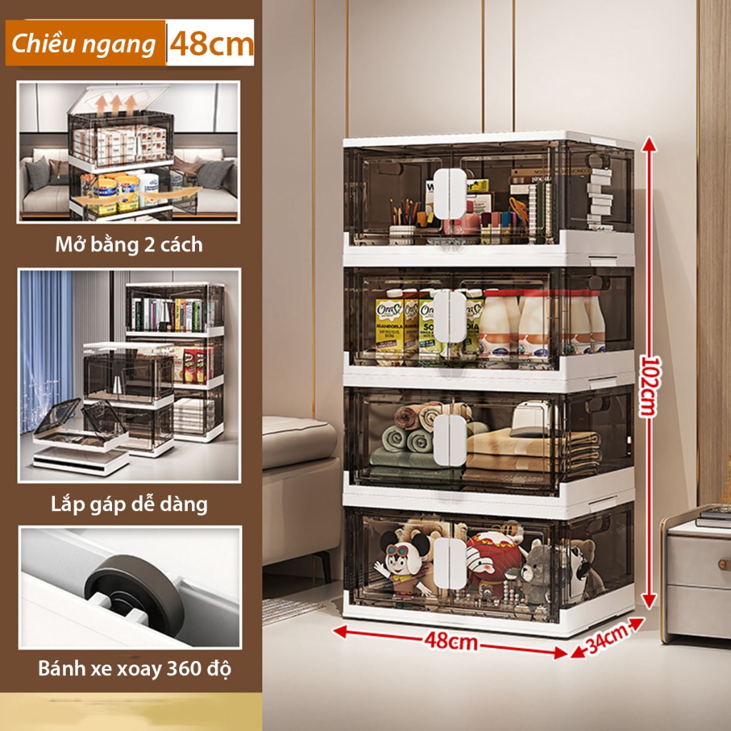 Tủ Đựng Đồ Gấp Gọn  Đa Năng Nubie Ngang 48cm, Tủ Nhựa Lắp Ghép, Kèm Bánh Xe, Dễ Tháo Lắp, Nhựa PP