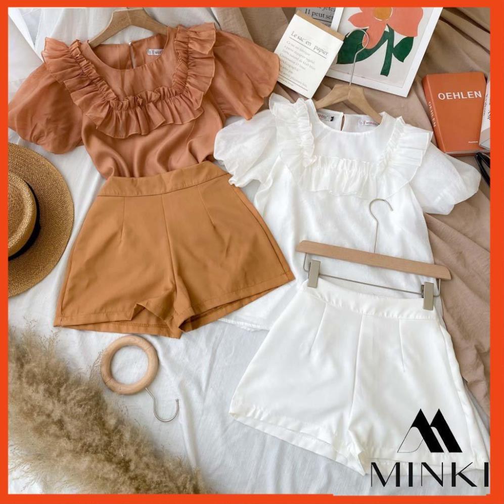 SET ÁO BÈO VÀ QUẦN ĐÙI- CHẤT LIỆU VOAN TƠ VÀ KAKI NHẬP KHẨU - MÀU NÂU/TRẮNG _HOT