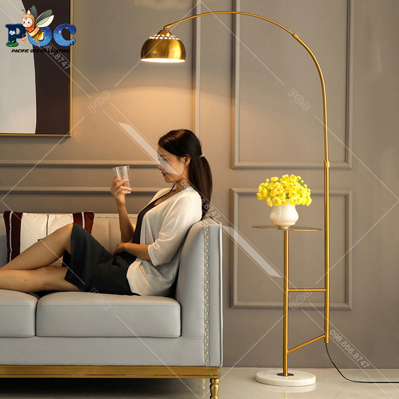Đèn Cây Đọc Sách Sang Trọng Trang Trí Phòng Khách - Đèn Sàn Đứng Sofa Thân Hợp Kim Cao cấp Mạ Vàng Đế Đá Tự Nhiên POC ML6015