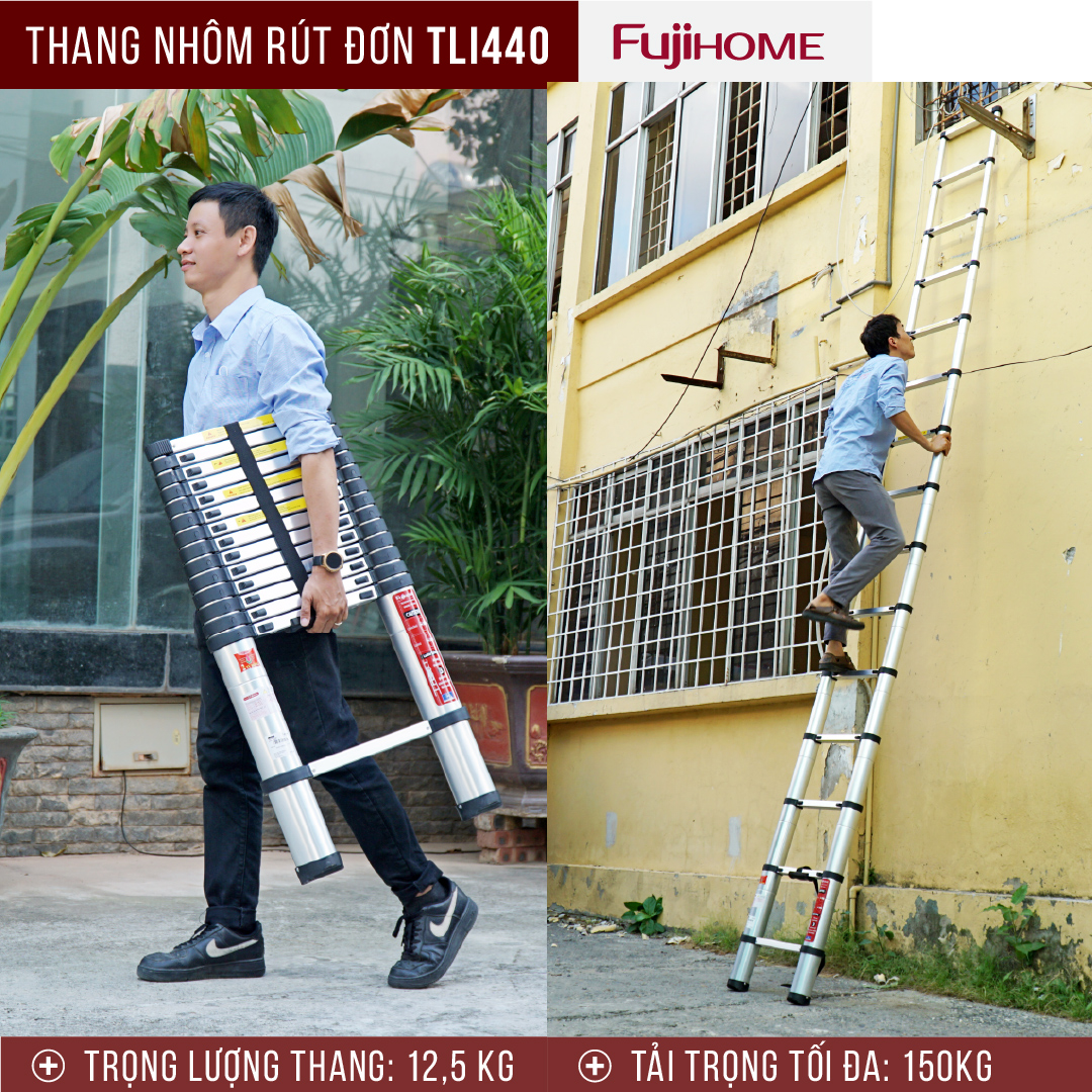 Thang nhôm rút gọn đơn chữ I FUJIHOME TLI440 ( Chiều cao 4,4m, rút gọn 0.93m, tải trọng 150kg ) Hàng chính hãng