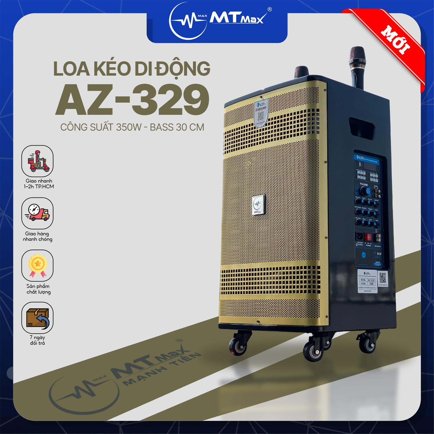 Loa Kéo Di Động Az-329 - Loa Karaoke Thế Hệ Mới, Công Suất Lớn 350W, Bass Căng 3 Tấc, Âm Thanh Cực Mạnh, Sôi Động, Đi Kèm 2 Micro Không Dây, Hàng Chính Hãng