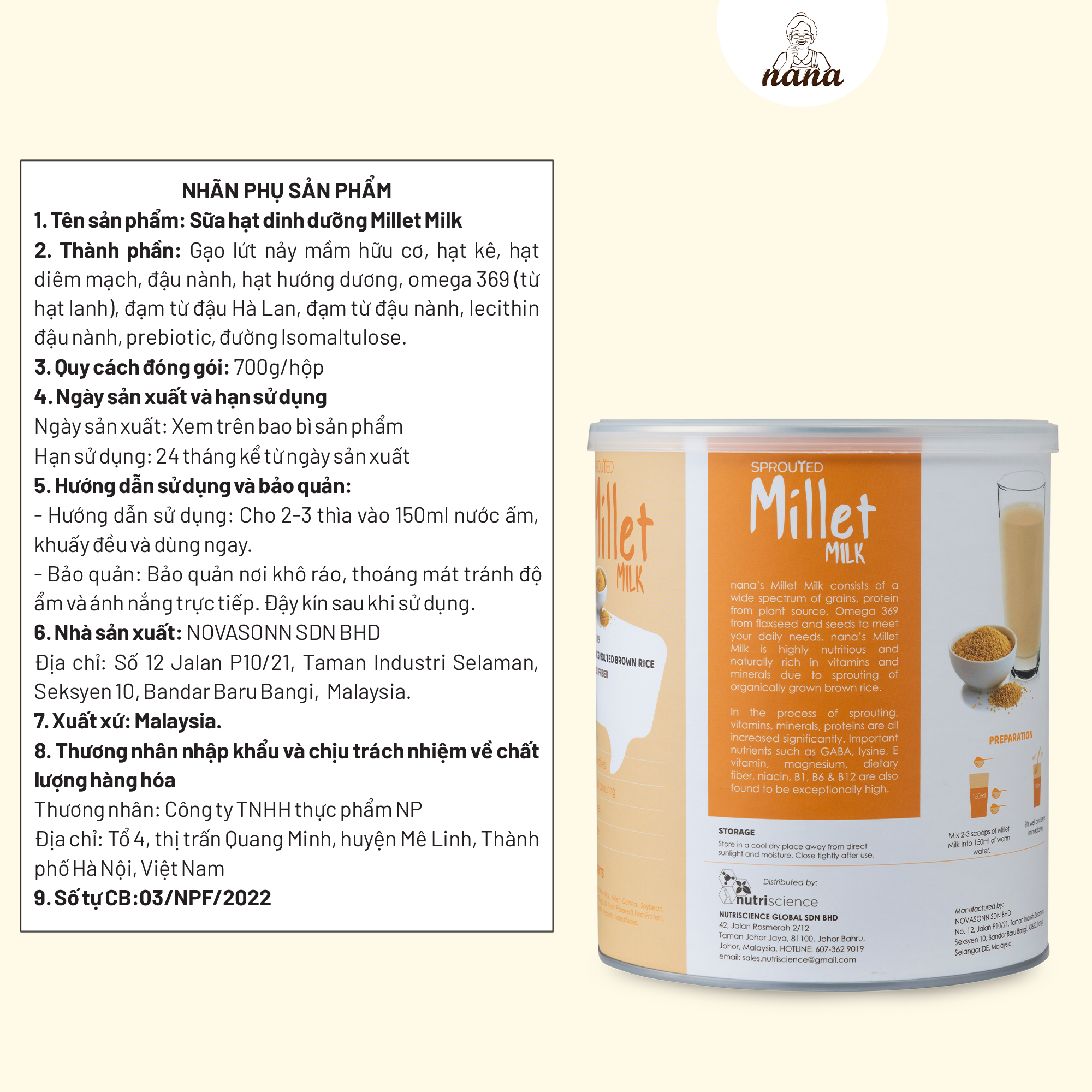 Sữa Hạt Millet 700g x4 Hộp (2.8kg) Vị Kê Tự Nhiên Cho Trẻ Từ 3 Tuổi &amp; Người Lớn Sữa Hữu Cơ Bổ Sung Dinh Dưỡng Toàn Diện