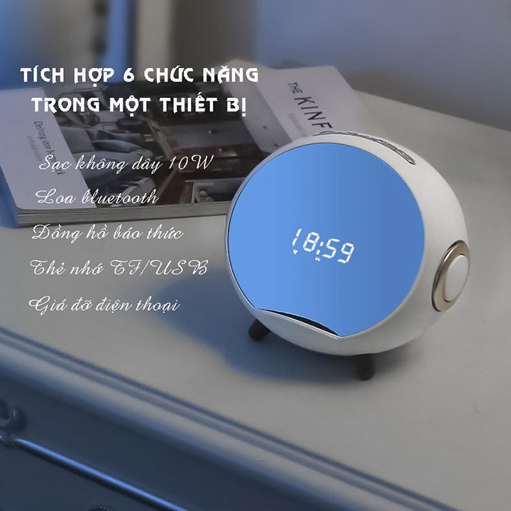 Sạc nhanh không dây cho điện thoại công suất 10W tích hợp loa Bluetooth, đồng hồ để bàn, báo thức, đàm thoại, kết nối thẻ nhớ TF, USB