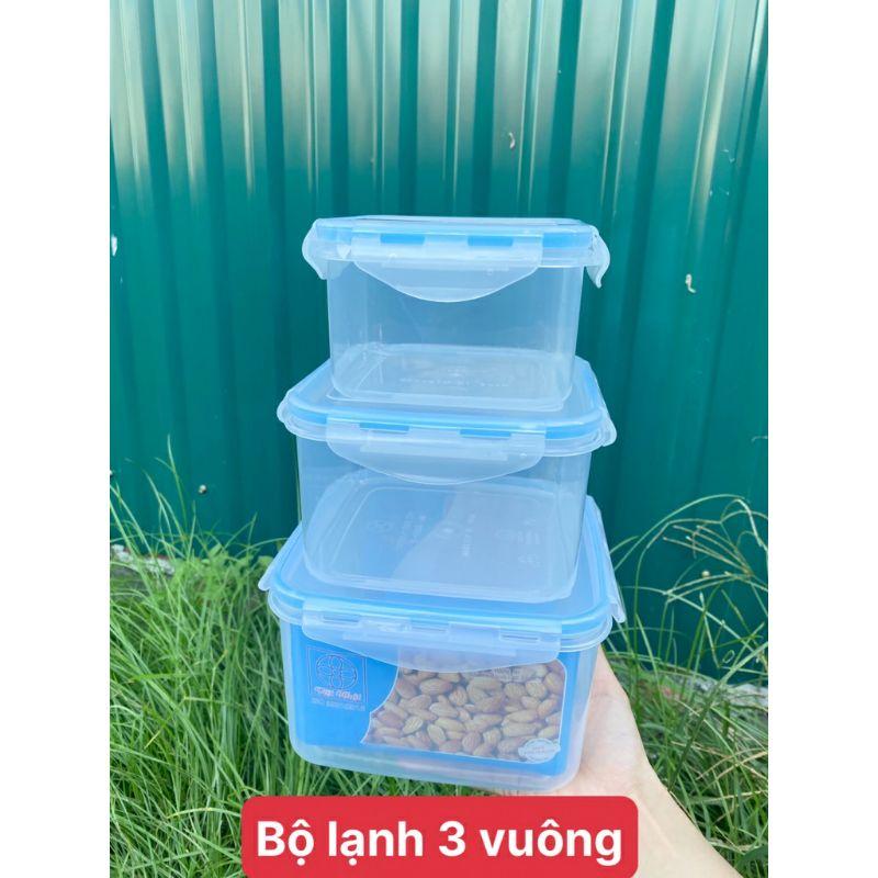 Hộp thực phẩm bộ 3 khóa 4 cạnh, hộp lạnh đựng thức ăn nhựa vuông-tròn-chữ nhật